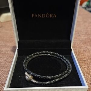Pandora Charcoal Gray Leather Braided Double Bracelet with Sterling Silver Clasp